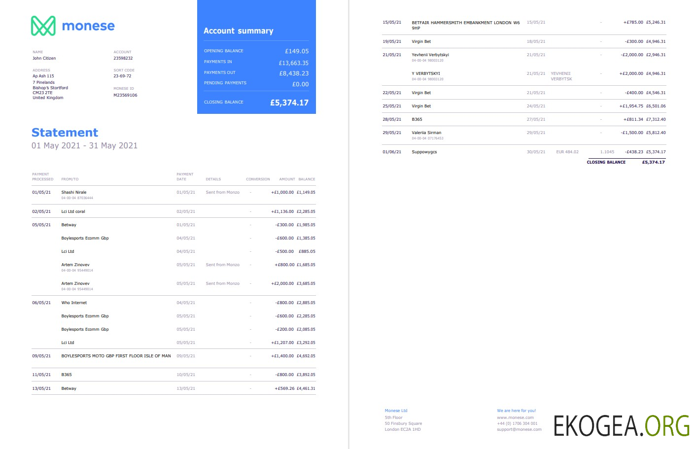 Modèle de relevé bancaire Monese du Royaume Uni au format Word et PDF, 2 pages